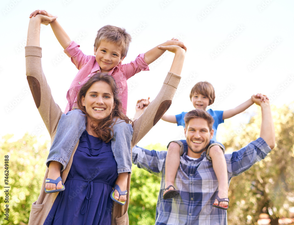 Portrait, summer and piggyback with family in park together for adventure, bonding or outdoor fun. Mother, father and brother children in nature for freedom, love or travel on holiday and vacation Portrait, summer and piggyback with family in park together for adventure, bonding or outdoor fun. Mother, father and brother children in nature for freedom, love or travel on holiday and vacation