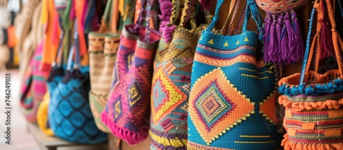 A close-up photo showcasing a row of vivid and vibrant bags hanging on a wall, showcasing the craftsmanship and elegance of Bogotas artisanal creations.