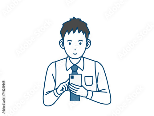 スマホを操作する若い会社員の男性のイラスト