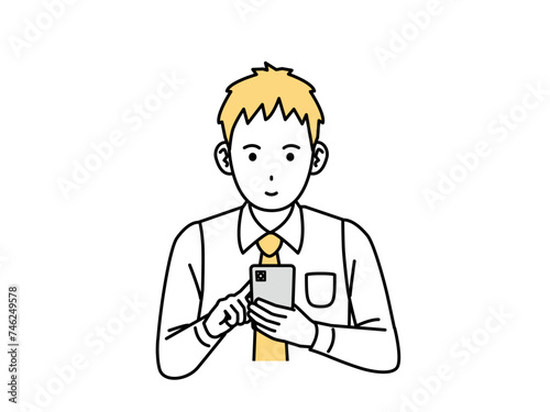 スマホを操作する若い会社員の男性のイラスト