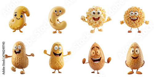 Φωτογραφία Set of eight cheerful animated snack characters with faces, including peanuts an