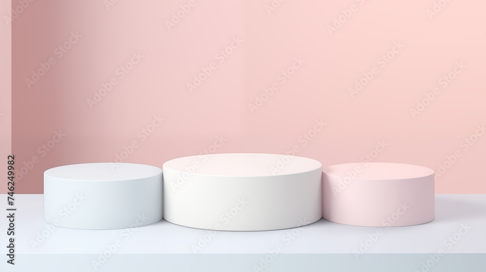 A trio of cylindrical podiums in soft pastel tones gracefully positioned against a dual-tone background, ideal for product presentations and minimalist displays.