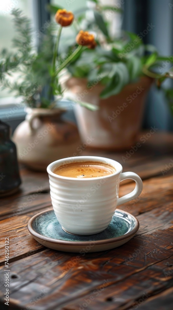 Fototapeta premium White ceramic cup hot aroma espresso, cappuccino, latte steam smoke on table morning breakfast drinking tasty drink cafeteria cafe restaurant caffeine beverage energy dinner, deep background