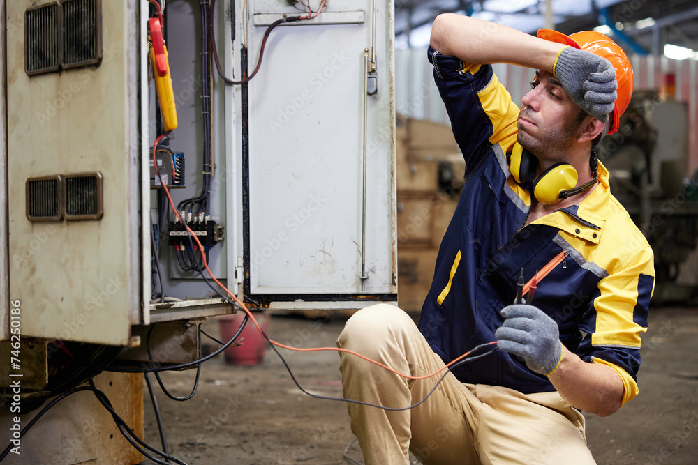 engineer or technician feeling tired form hard work in the factory
