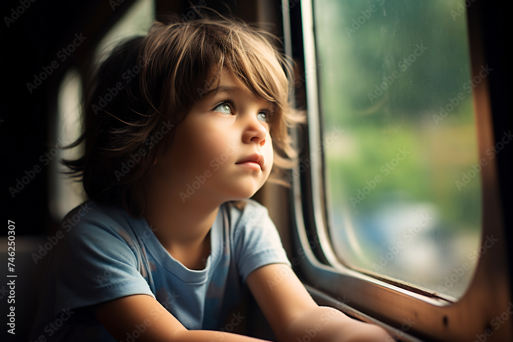 Pensive Young Child Gazing Out of a Window with Warm Light. Contemplative Childhood Moment Concept