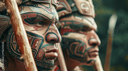 Two Tlingit warriors are shown in profile gazing fiercely ahead and holding spears and axes as symbols of their ferocity in battle. photo