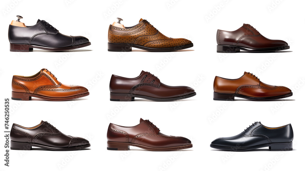 Men's shoes, showcasing different designs and textures on a clean white background. Men's shoes, showcasing different designs and textures on a clean white background.