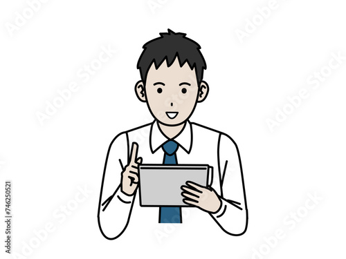タブレットを操作する若い会社員の男性のイラスト
