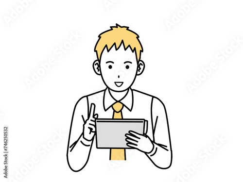 タブレットを操作する若い会社員の男性のイラスト