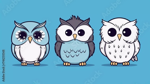 Set of three different cute owls. Black and white colors. Colorful trendy Vector Illustration