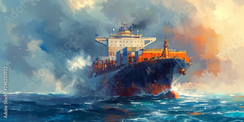 a painting of a large container ship is in the ocean,