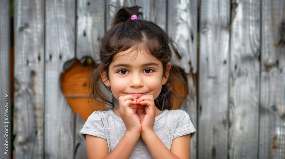A genuine portrait of a little Hispanic girl, an adopted child, standing close to a grey fence A genuine portrait of a little Hispanic girl, an adopted child, standing close to a grey fence