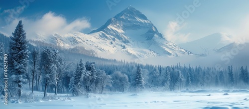 A captivating landscape showcasing a majestic mountain covered in a blanket of snow.