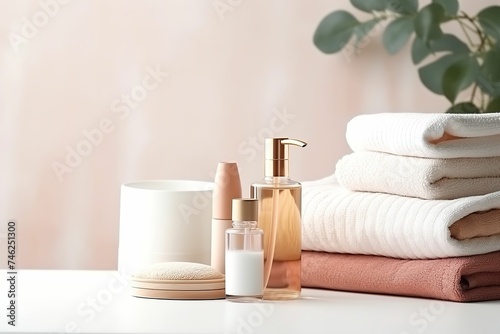 Spa massage oil and clean towels, skin care products and towels on the table, spa still life, spa advertising, sea salt on the table, spa care, skin care, health