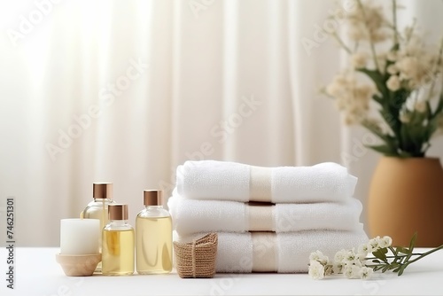 Spa massage oil and clean towels  skin care products and towels on the table  spa still life  spa advertising  sea salt on the table  spa care  skin care  health
