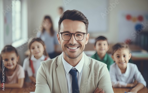 Smiling male teacher standing in classroom with students, training class, education training