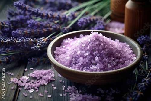 Purple lavender salt bath and lavender, sea salt and lavender on the table, spa care, skin care, health