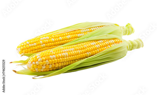 Two fresh ears of corn with vibrant yellow kernels and green husks, isolated on a transparent background, perfect for Thanksgiving and harvest themes photo