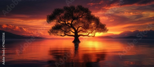 A triumphant tree silhouette stands tall above the enchanting evening lake, creating a mesmerizing scene.