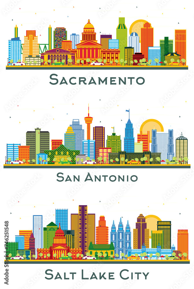 San Antonio Texas, Salt Lake City Utah and Sacramento USA city Skyline set with Color Buildings isolated on white. Cityscape with landmarks.