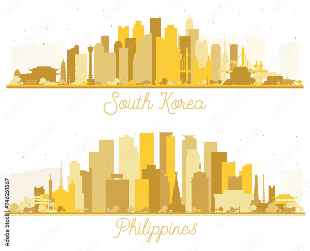 Philippines and South Korea City Skyline Silhouette set with Golden Buildings Isolated on White. Concept with Historic Architecture. Cityscape with Landmarks. Seoul. Busan. Daegu.