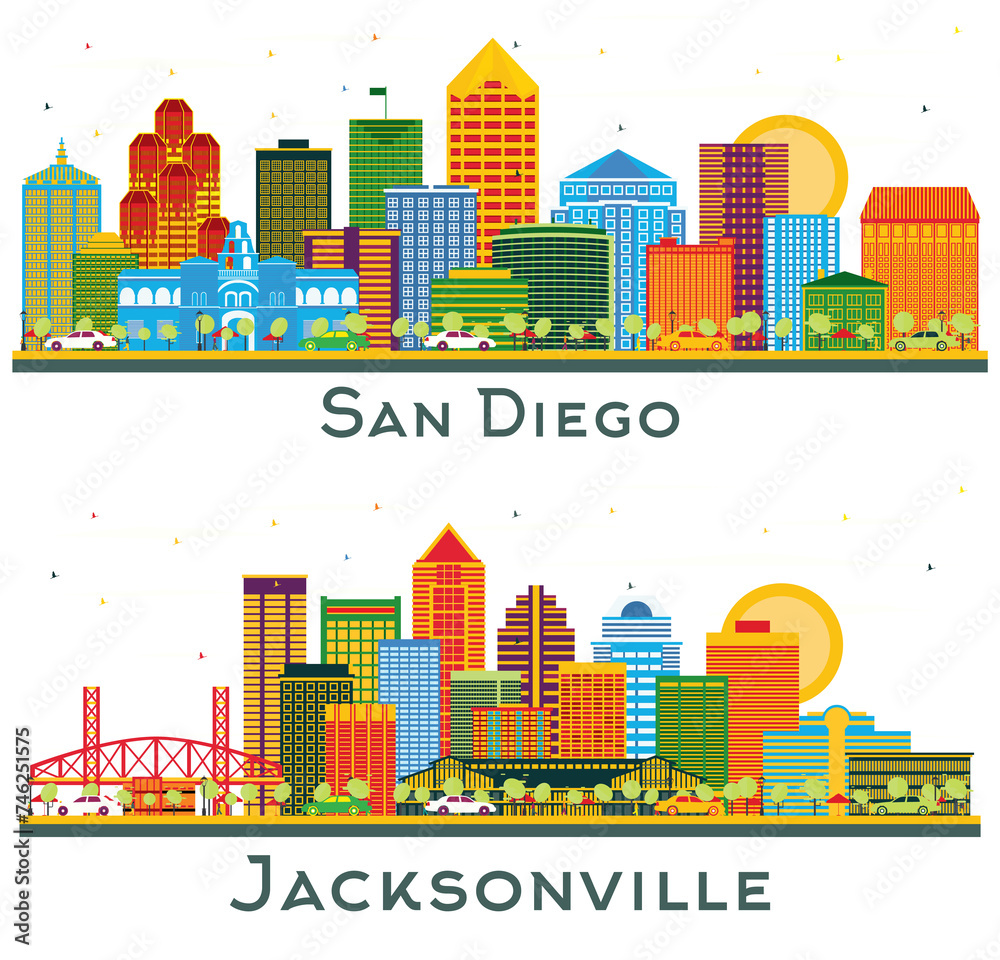 Jacksonville Florida and San Diego California city Skyline set with Color Buildings isolated on white. Cityscape with Landmarks.