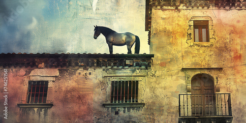 Black Horse stands on the balcony iin old city. Surreal art collage. photo