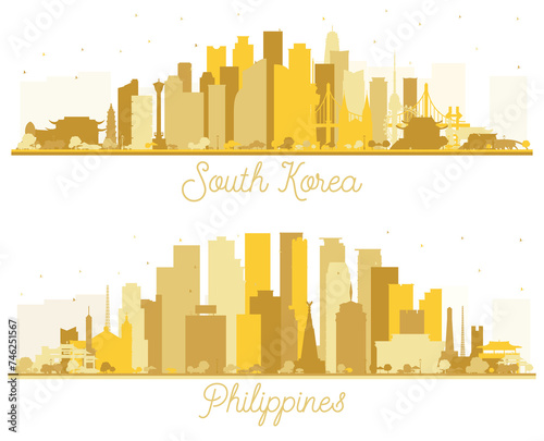 Philippines and South Korea City Skyline Silhouette set with Golden Buildings Isolated on White. Concept with Historic Architecture. Cityscape with Landmarks. Seoul. Busan. Daegu. photo