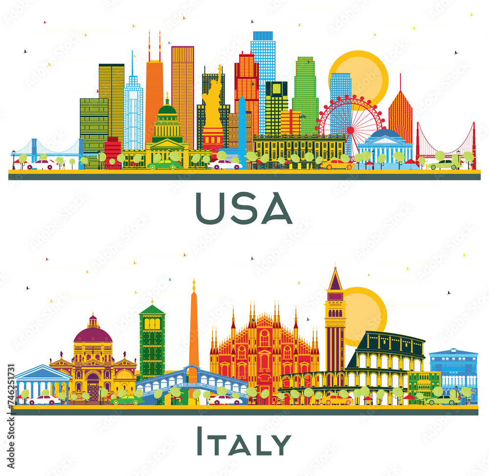Italy and USA Skyline set with Color Skyscrapers and Landmarks isolated on white. Illustration. Business Travel and Tourism Concept with Modern Architecture.