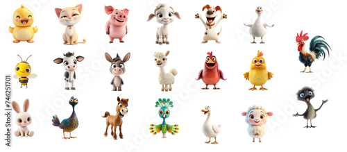 Fototapeta Naklejka Na Ścianę i Meble -  Collection of adorable cartoon farm animals and birds, including chicken, pig, cow, and bee, isolated on a transparent background perfect for children's content or educational graphics