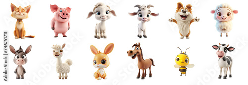 Collection of cute cartoon farm animals isolated on a transparent background, perfect for children's educational materials, storytelling, and festive decorations