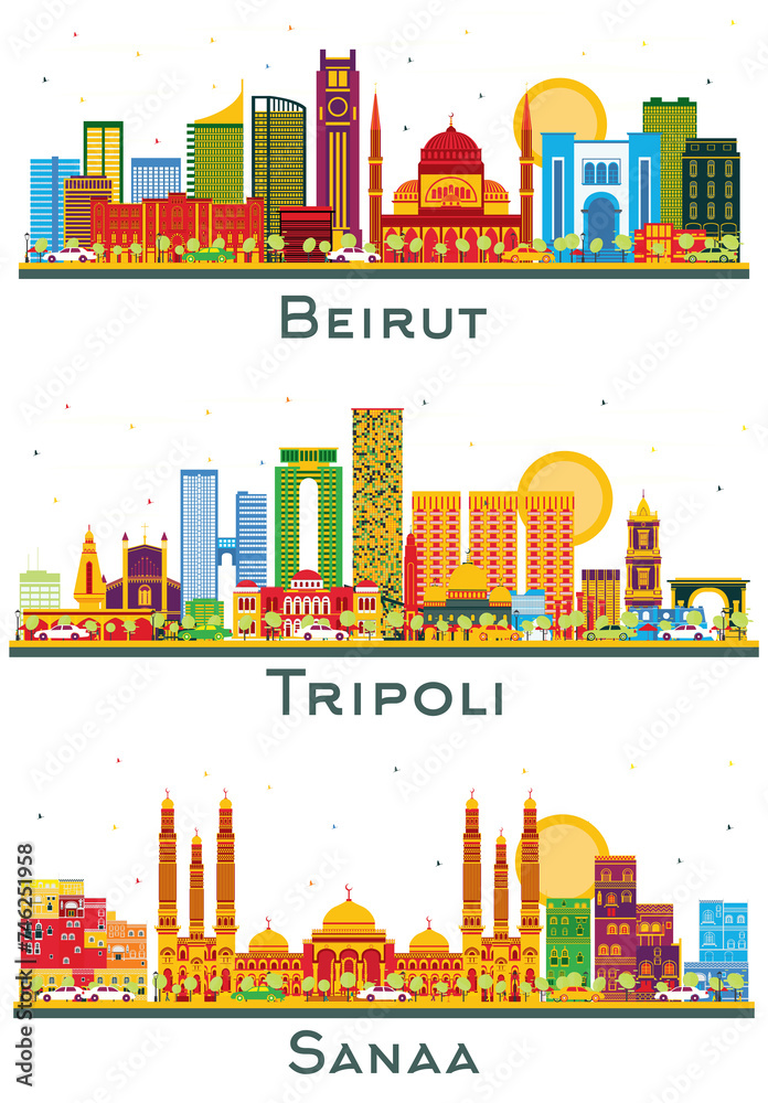 Fototapeta premium Tripoli Libya, Sanaa Yemen and Beirut Lebanon city Skyline set with Color Buildings isolated on white. Cityscape with Landmarks.
