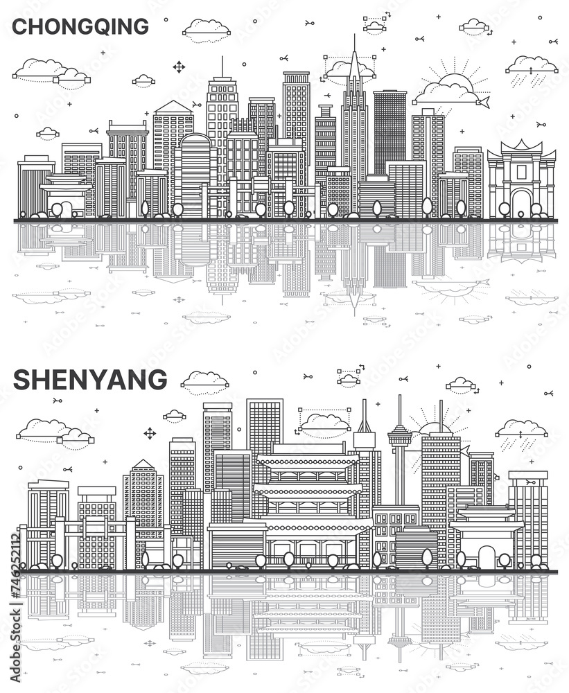 Outline Shenyang and Chongqing China City Skyline set with Modern Buildings and Reflections Isolated on White. Cityscape with Landmarks.