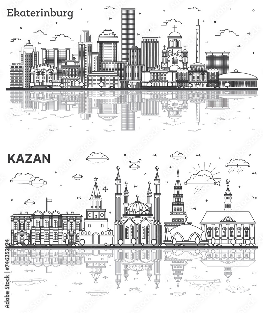 Outline Kazan and Yekaterinburg Russia City Skyline set with Modern Buildings and Reflections Isolated on White. Cityscape with Landmarks.