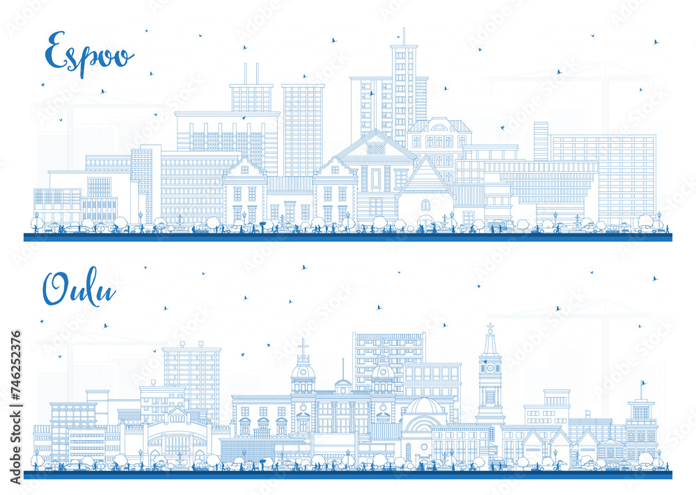 Outline Espoo and Oulu Finland city skyline set with blue buildings. Cityscape with landmarks. Business travel and tourism concept with modern and historic architecture.
