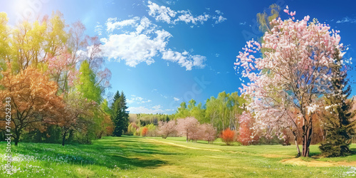 beautiful spring day panorama background,landscape Meadow with blue sky and green grass, blossoming cherry trees, white and pink spring daisy flowers ,banner 