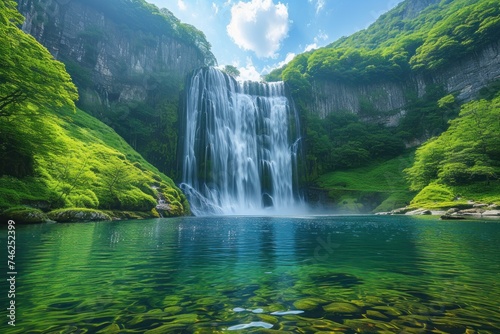 A fantastic waterfall in a green oasis valley