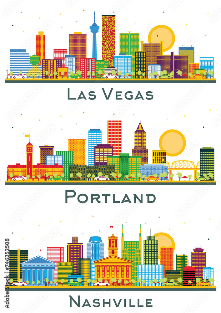 Φωτογραφία Portland Oregon, Nashville and Las Vegas USA City Skyline set with Color Buildings Isolated on White