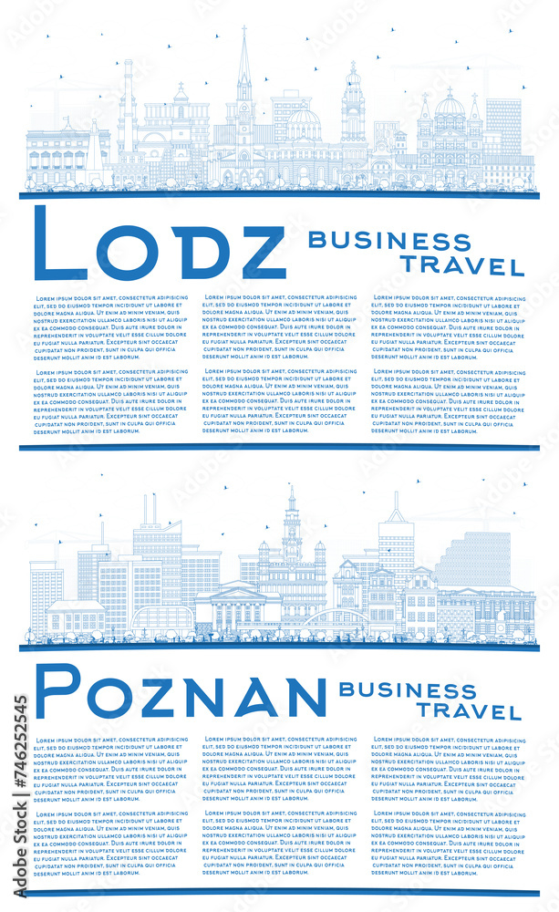 Outline Poznan and Lodz Poland City Skyline set with Blue Buildings and Copy Space. Cityscape with Landmarks.