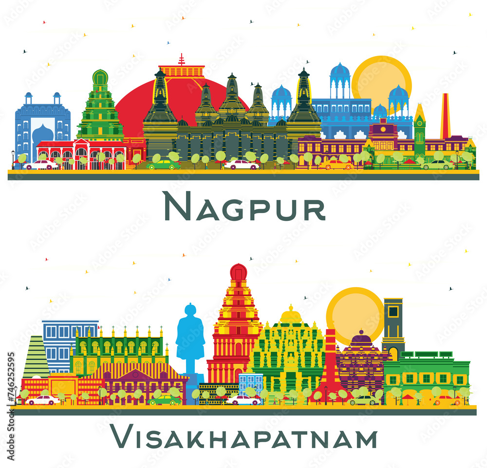 Visakhapatnam and Nagpur India City Skyline set with Color Buildings isolated on white. Business Travel and Tourism Concept with Historic Architecture. Cityscape with Landmarks.