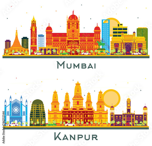 Kanpur and Mumbai India City Skyline set with Color Buildings Isolated on White. Business Travel and Tourism Concept with Modern Architecture. Cityscape with Landmarks. photo