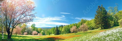 beautiful spring day panorama background,landscape  Meadow with blue sky and green grass, blossoming cherry trees, white and pink spring daisy flowers  ,banner 