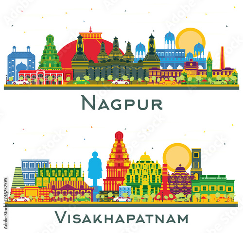 Visakhapatnam and Nagpur India City Skyline set with Color Buildings isolated on white. Business Travel and Tourism Concept with Historic Architecture. Cityscape with Landmarks. photo