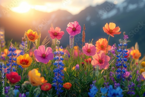 Blooming fields in the mountains at sunset: a natural picture in a beautiful harmony of light and color photo