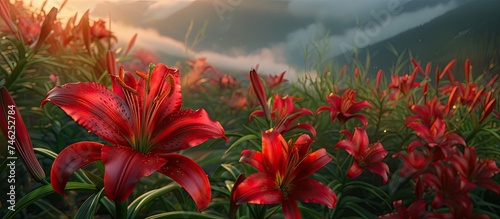 A field of vibrant red Siberian Saranka lilies stretches out beneath a cloudy sky. The bright red flowers stand out against the greenery, creating a striking contrast with the white clouds in the photo