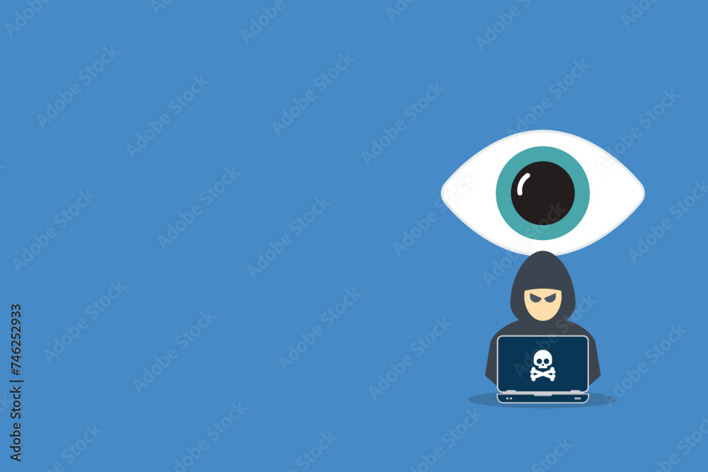 Hacker watching your every move on web. Hacker with laptop computer stealing confidential data, personal information and credit card detail. Hacking concept. Hacker watching your every move on web. Hacker with laptop computer stealing confidential data, personal information and credit card detail. Hacking concept.