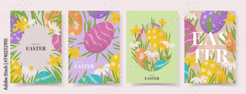Set of celebration Easter posters. Creative Easter vector illustration with hand drawn eggs, flowers and grass. Contemporary flyers for design of party, celebration, ad, branding, cover, card, sale.