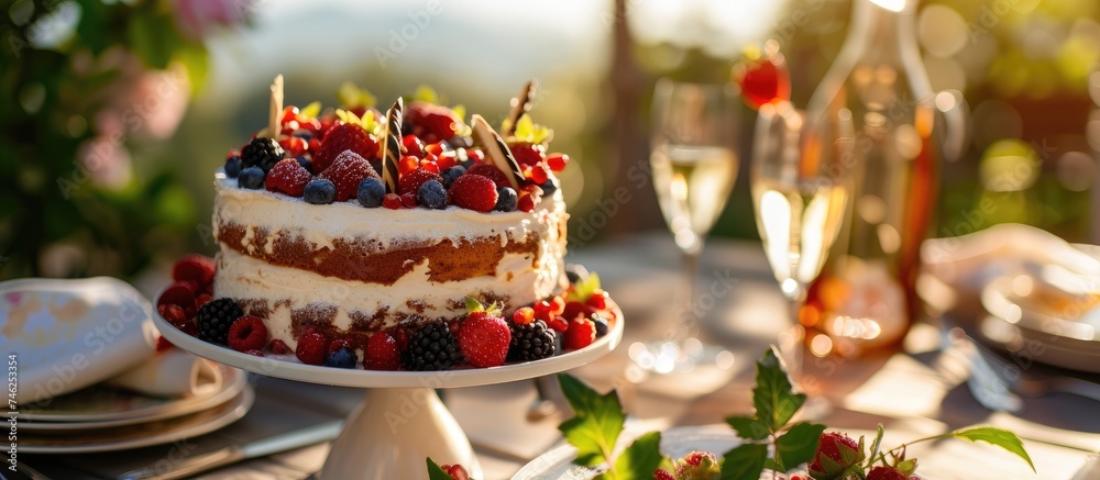 A cake, beautifully decorated, sits prominently on a table covered in an array of fresh fruit such as strawberries, blueberries, and sliced oranges. The vibrant colors of the fruit contrast with the