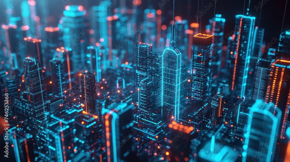 abstract hologram with smart city .Smart with communication technology. Futuristic digital data network connected.