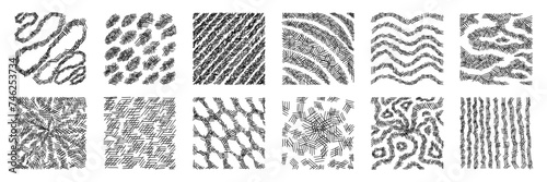 Hand drawing crosshatch texture graphic. Set of black hatching pattern with dot, stripe, lattice and organic texture. Vector illustration isolated on white background.